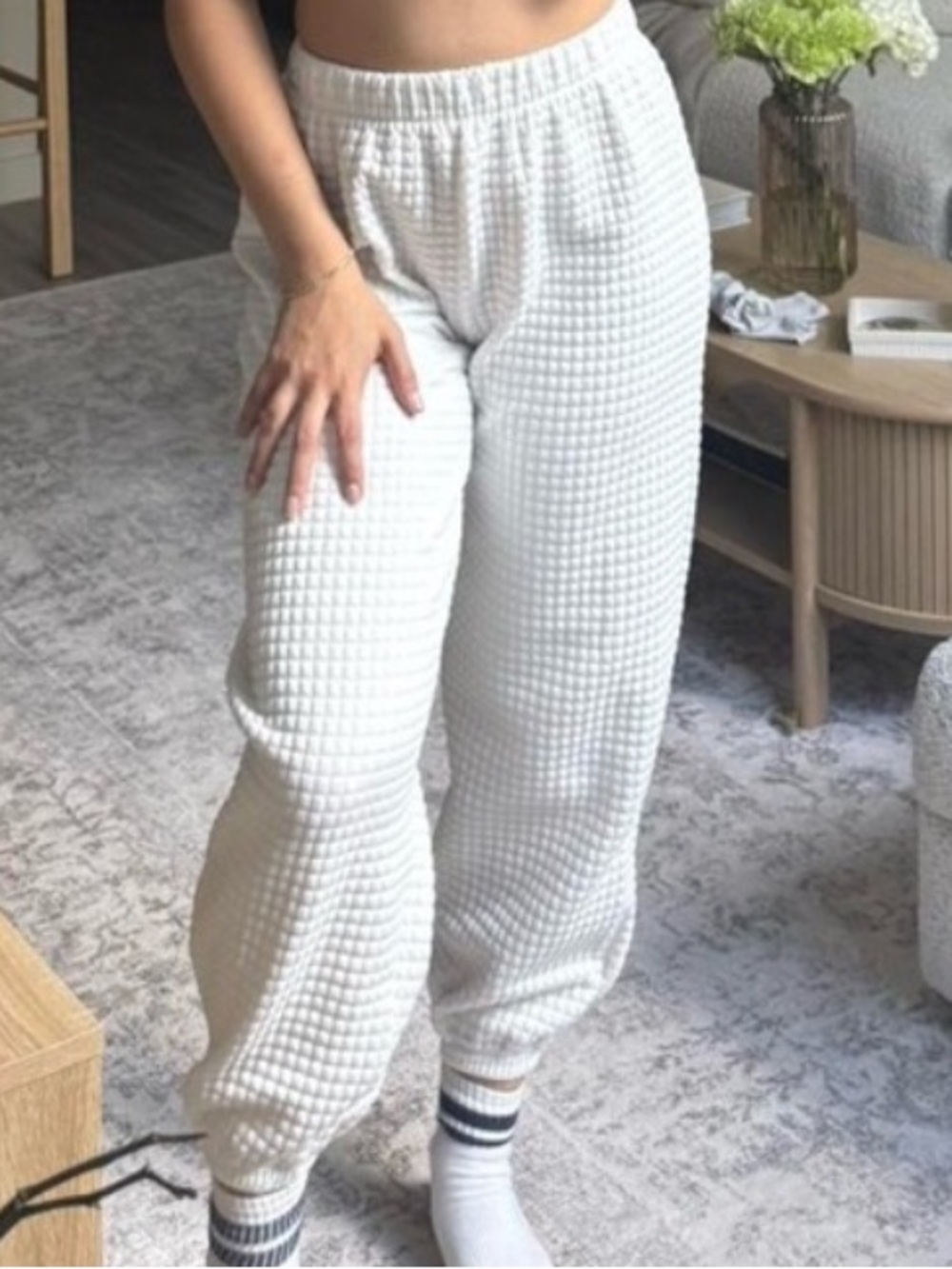 Princess Polly White Waffle Knit Joggers